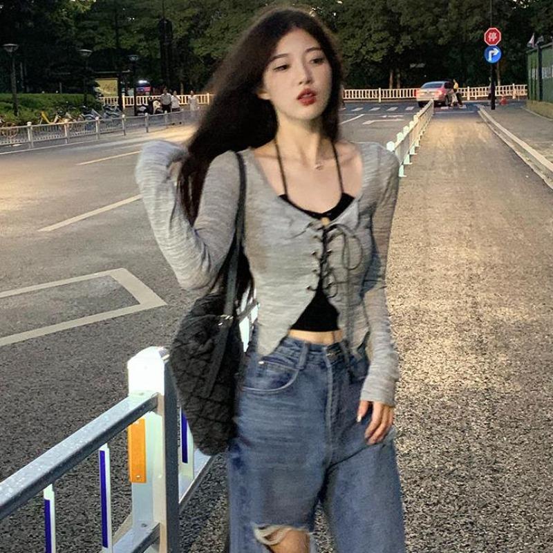 2KWEIRD Costum Coreean din Două Piese Cardigan cu Breteluțe pentru Femei Sexy Decolteu în V Slim Y2K Crop Mânecă Lungă Bandaj Încrucișat Tricouri Tricotate