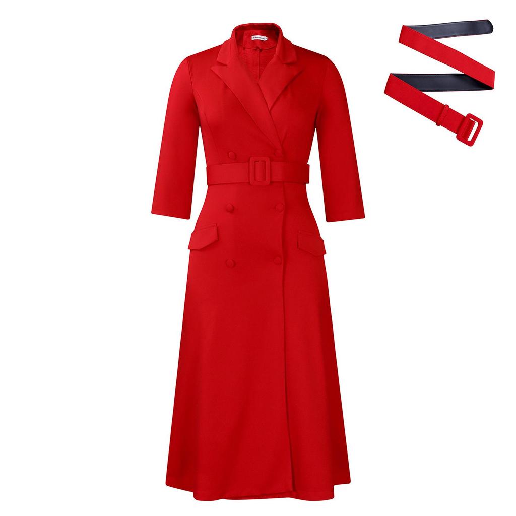 Women's Double-Breasted Suit Collar Solid Color Mid-Length Dress