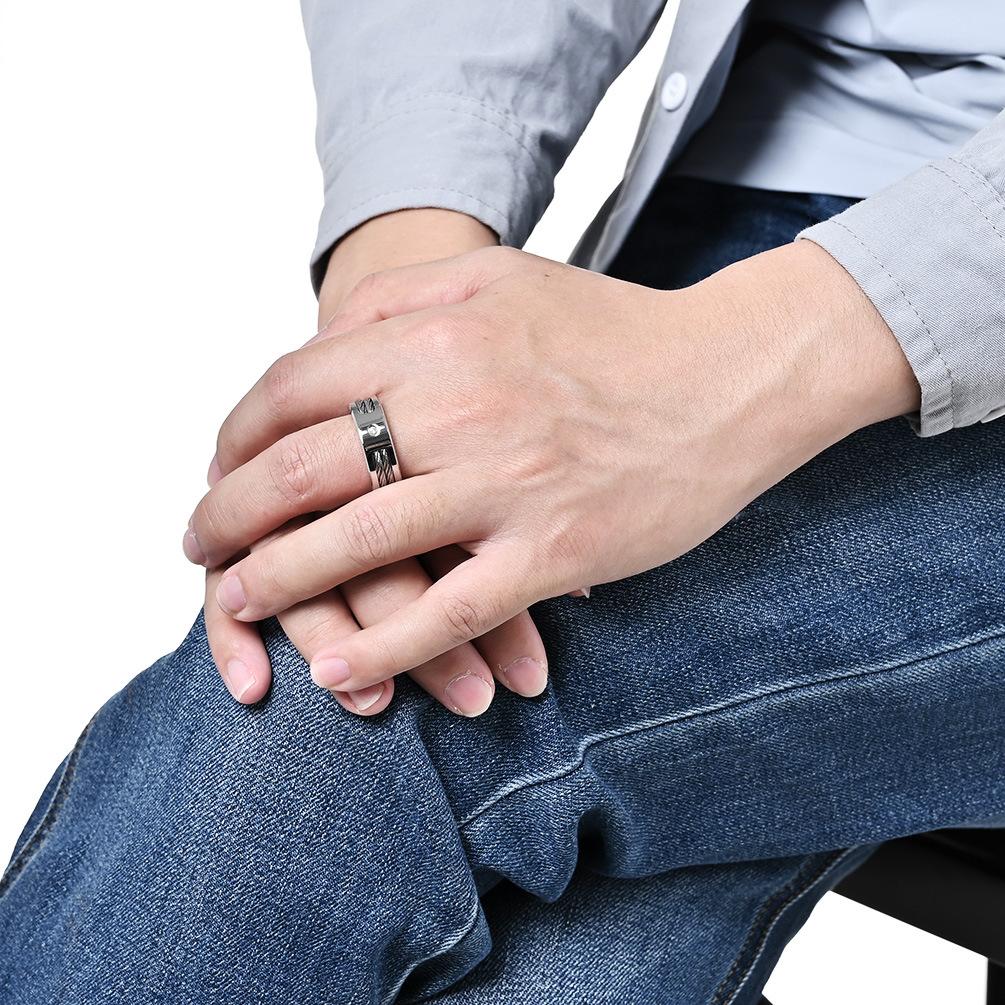 Ins Personalisierter Edelstahlring mit Zirkonia-Einlage für Herren, Silberner Hip-Hop-Stil-Schmuck, modischer Fingerring mit Drahtseil-Design