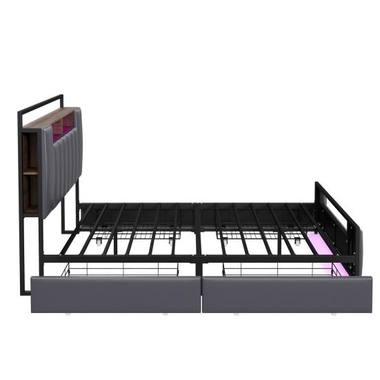Upholstery Bed 160x200 Cm, Multifunctional Bed with LED Light, USB Socket, Drawers, Solid Iron Bed Frame, Youth Bed, Adult Bed, Double Bed, Synthetic
