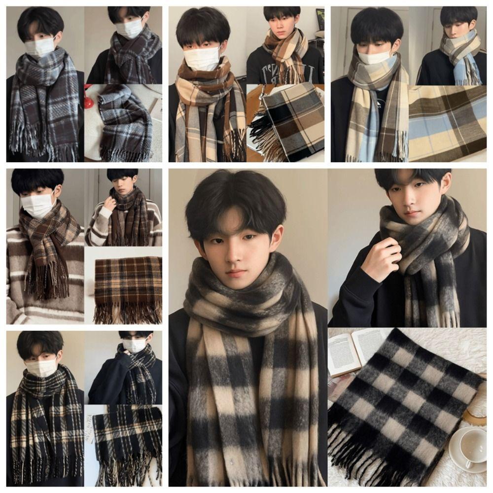 Plush Winter Cashmere Scarves Tassel Long Shawl Simple Plaid Wool Scarf Student