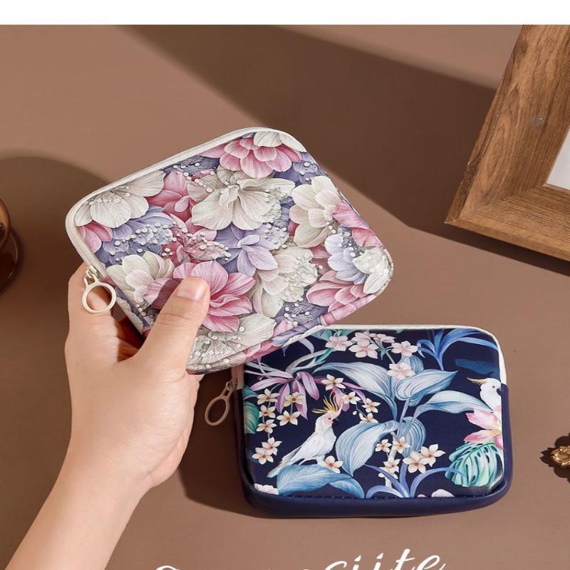 Creative Pvc Sanitary Pads Bag  Floral Print Large Capacity Multipurpose Coin Purse Portable Cosmetic Storage Bag