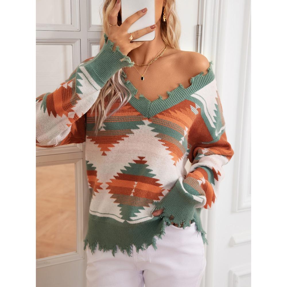 Cut-out Knitted Sweater, Geometric Pattern Jacquard Pullover, V-neck Style, Long-sleeved Ethnic Style Top