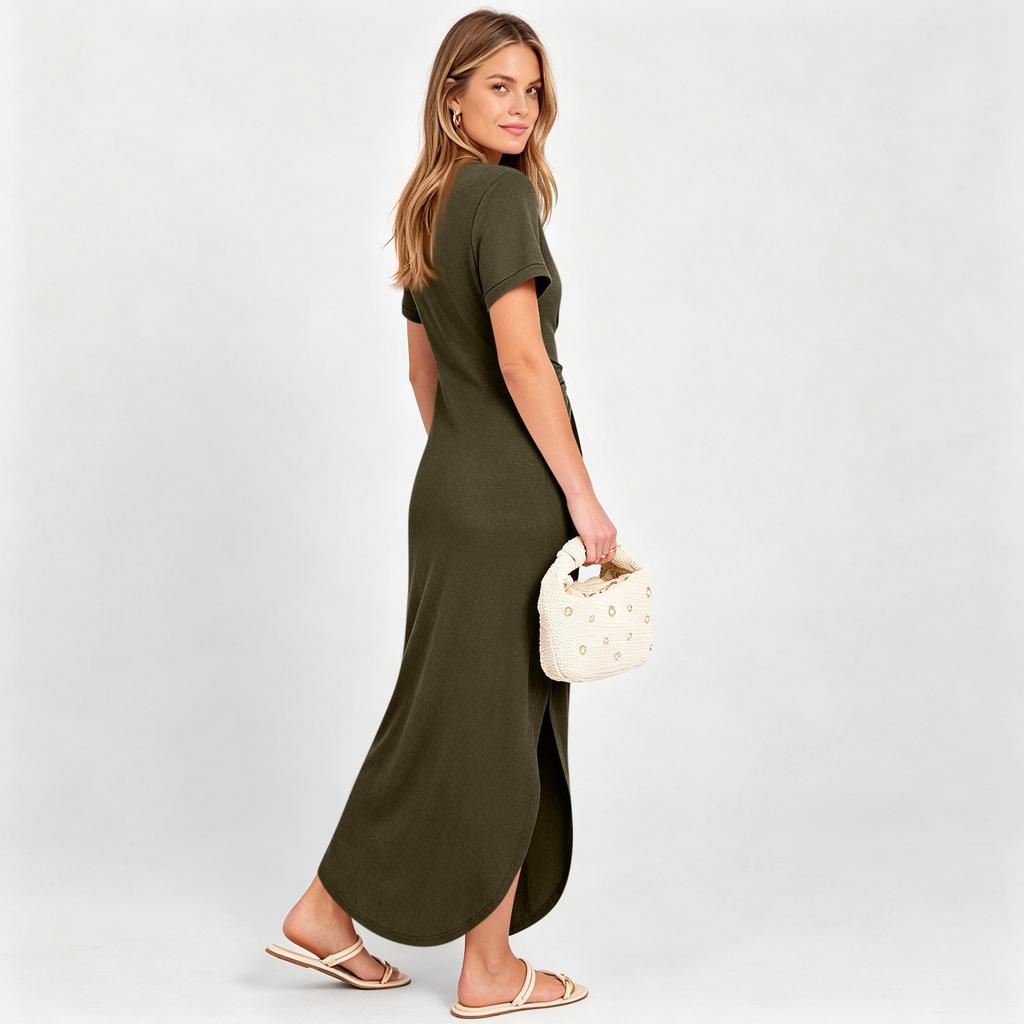 Womens Summer Maxi Dress Casual Short Sleeve Crew Neck Tie Waist Split Hem Wrinkle Free Slim Fit Long Dress 2026 Spring