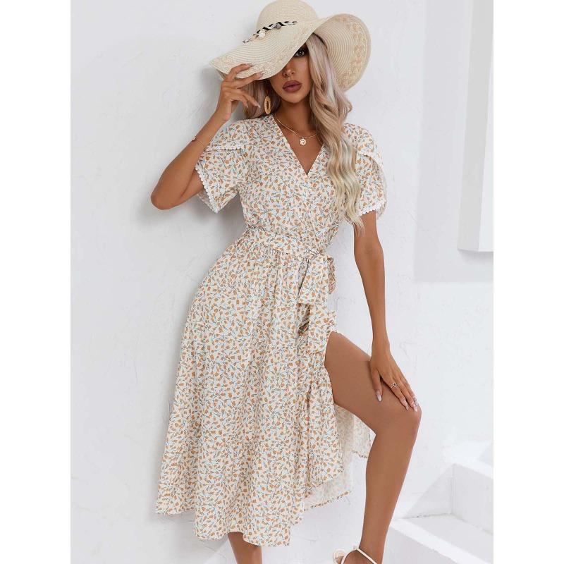 Summer Short Sleeve Floral Printed Women Dress New V Neck Fashion Elegant Loose Casual Party A-line Dresses Female Lace-up Women's Clothing