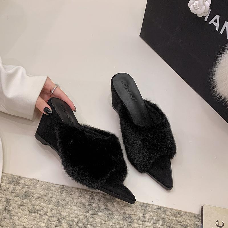 Pointed suede versatile fluffy slippers outer wear autumn and winter fashion to increase temperament girls slope heel one-word trend