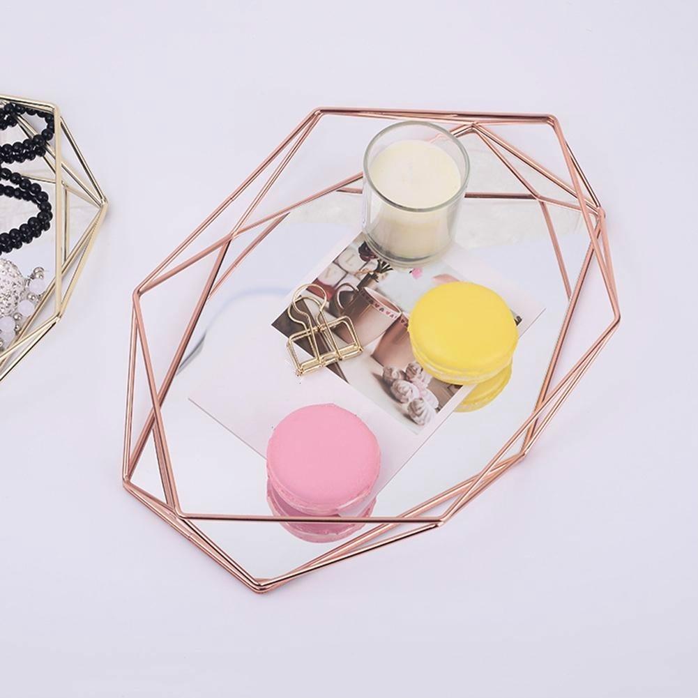 Three-dimensional Wrought Iron Storage Tray Nordic Minimalist Rose Gold Mirror Bottom Hexagonal Tray Home Decoration