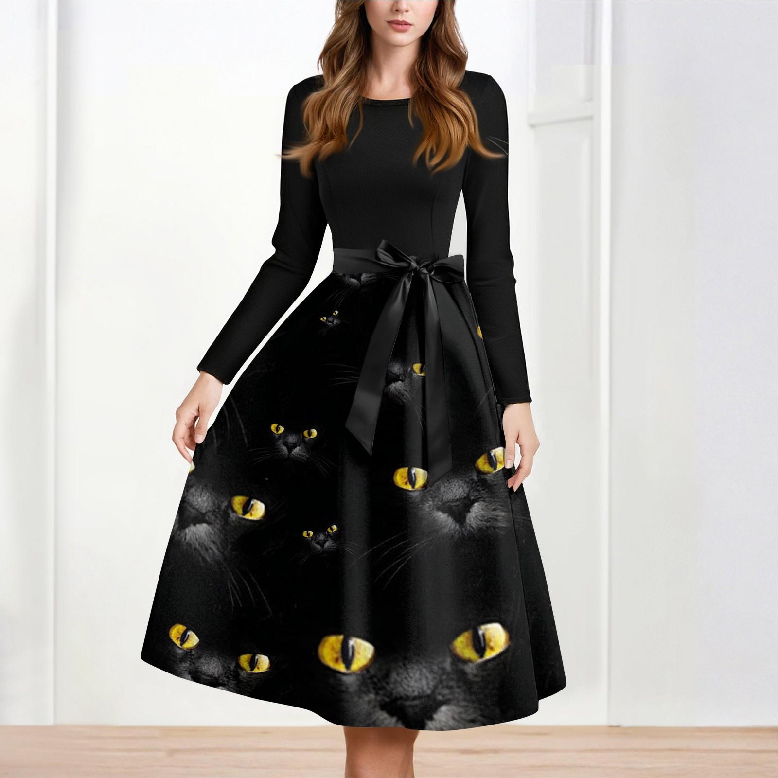 

Женское повседневное и модное платье с длинными рукавами и R-образным вырезом с принтом снежинок L чёрный