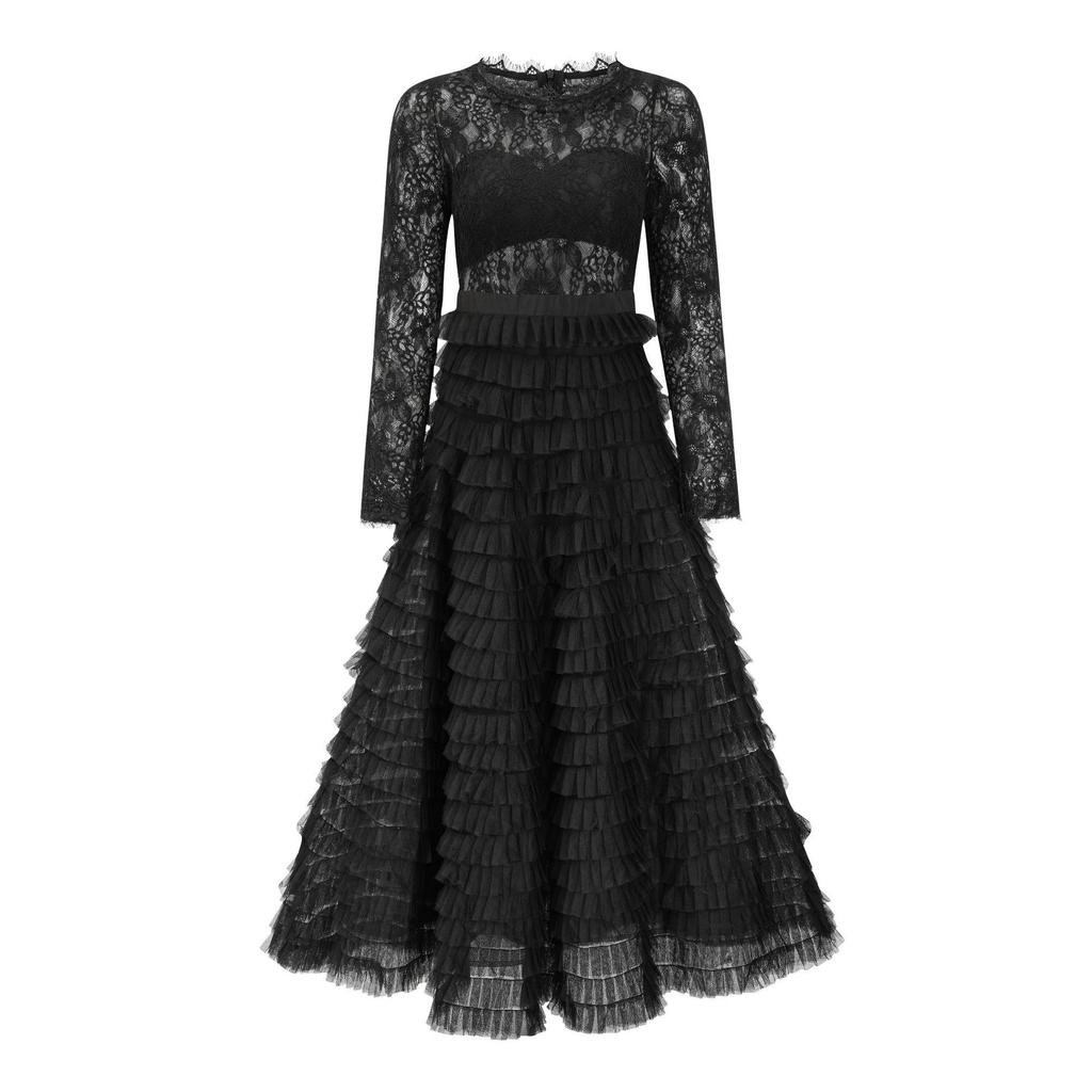 Hollow Lace Dress Outfit Dress, Solid Color Temperament Elegant Banquet Dress, Long-sleeved A-shaped Gown