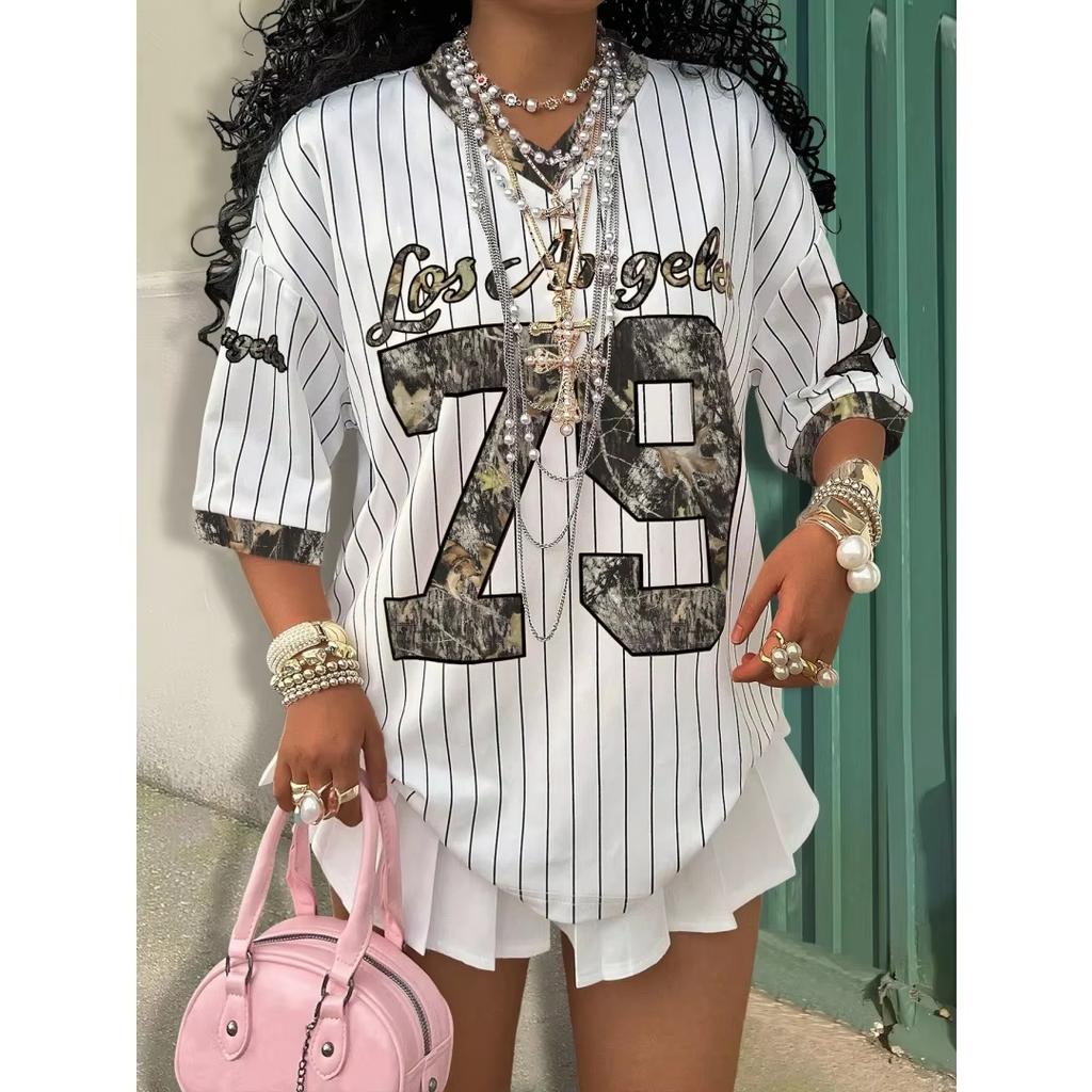 2026 Verano Nuevo Los Ángeles 79 Camiseta Rayada con Estampado Para Mujer Cuello en V Manga Corta Deportiva Camiseta de Fútbol Y2K Holgada Oversized