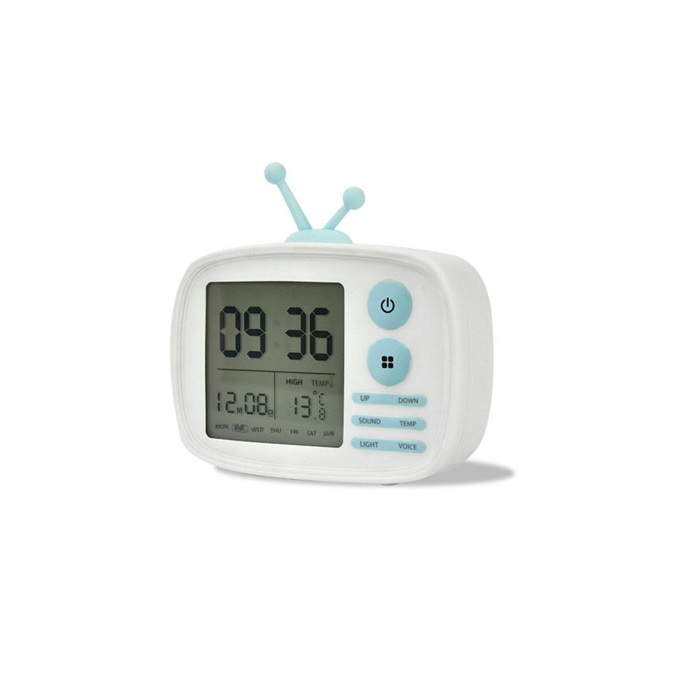 

USB Charging Cartoon TV Shape Electronic Alarm Clock Desktop Clock Temperature Calendar Display Decoration Gift white#0