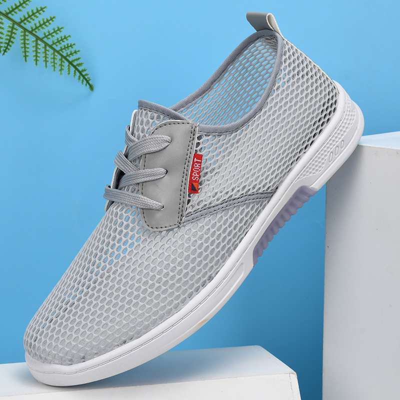 

New summer men s mesh shoes breathable hollow thin mesh shoes light non-slip sports flat casual board shoes sandals 38 светло-серый