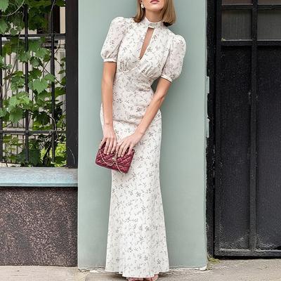 Vintage Long Length Print Long Dress Breathable Flowy High Waist Dress Puff Sleeve Dress Summer Season