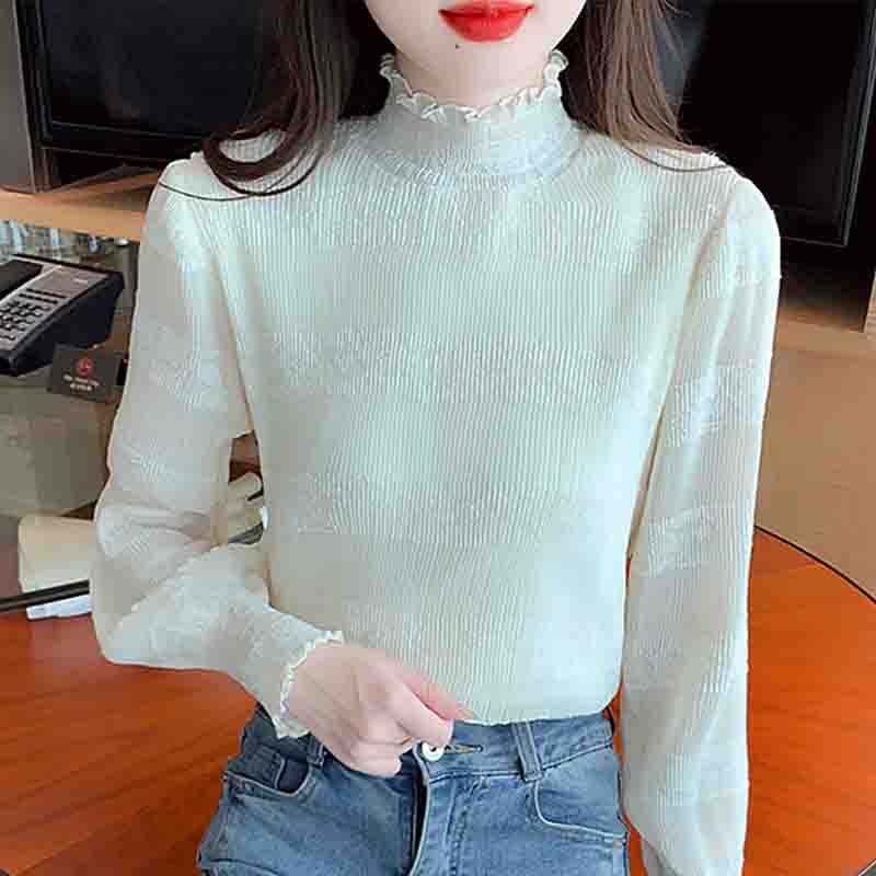 Fashion New 2025 Autumn Winter Long Sleeve Half High Collar Apricot Velvet Chiffon Blouse Shirt Women Tops Blouses Shirts J780