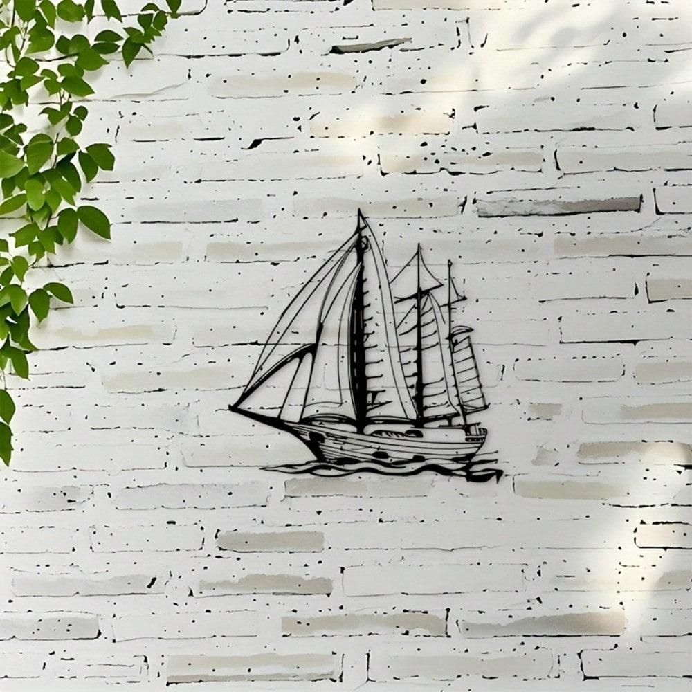 Vintage Nautical Sailing Ship Metal Wall Art, 2D Flat Black Decor for Living Room & Study