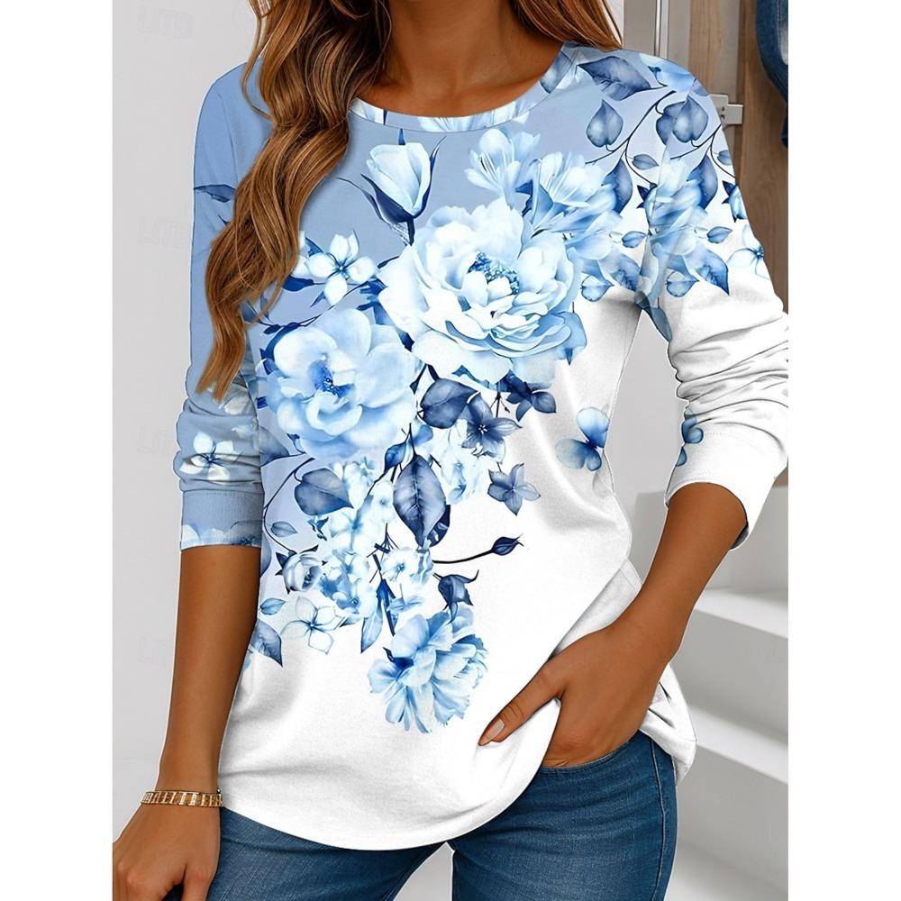 Women's T Shirt Floral Graphic Plants Stylish Casual Long Sleeve T-shirts Round Neck Regular Tops Flower Printed Pullover