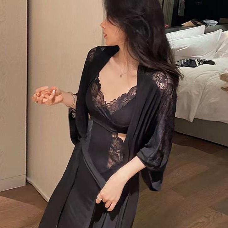 Pure desire style autumn and winter two-piece set, sexy deep hollow backless, hip-wrapped and thin nightgown, modal comfortable nightgown