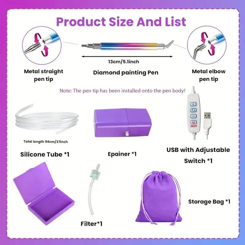 

Electric Diamond Art Painting Pen DIY Craft Beading Plates USB Suction Device Point Drill Tool 3/6 Drills Tips With Storage Bag фиолетовый