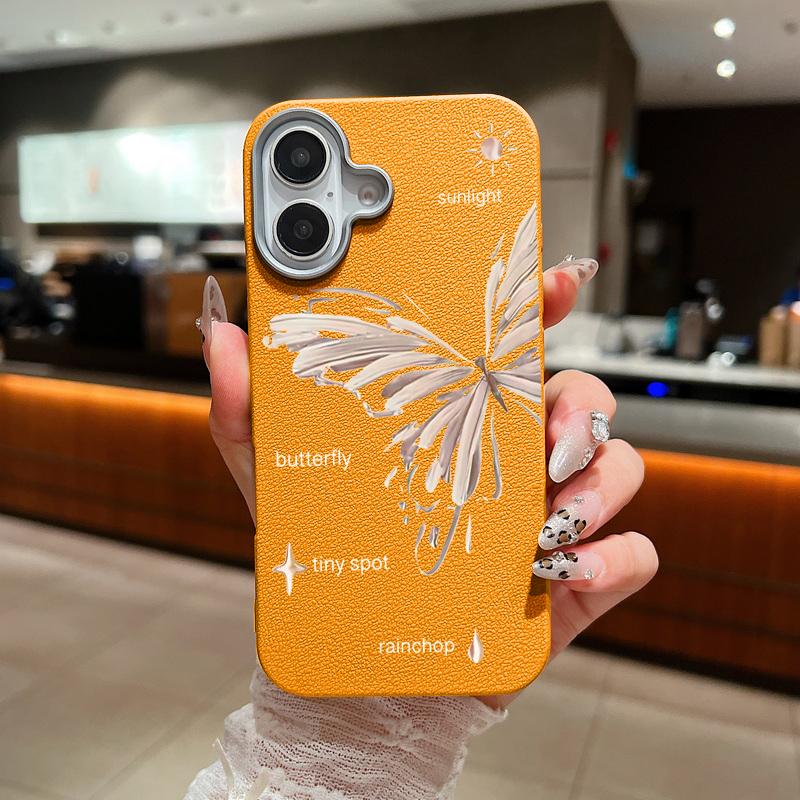 Simple Butterfly Print Shockproof Soft TPU Case For iPhone 16 Pro Max 15 Pro 14 13 12 11 Lens Protection Matte Leather Texture Slim Phone Cover