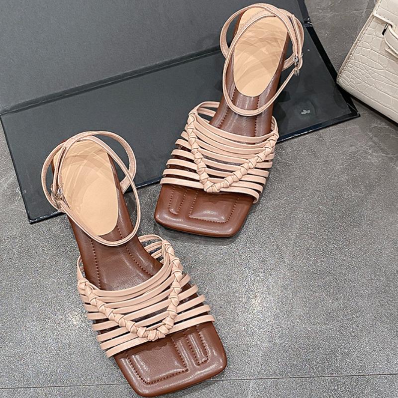 

Fashion Ankle Strap Sandals for Women Square Toe Mid Heel Buckle Strap Solid Color Female Shoes Crossed-tied Designer New Luxury Brand 34 абрикосовый
