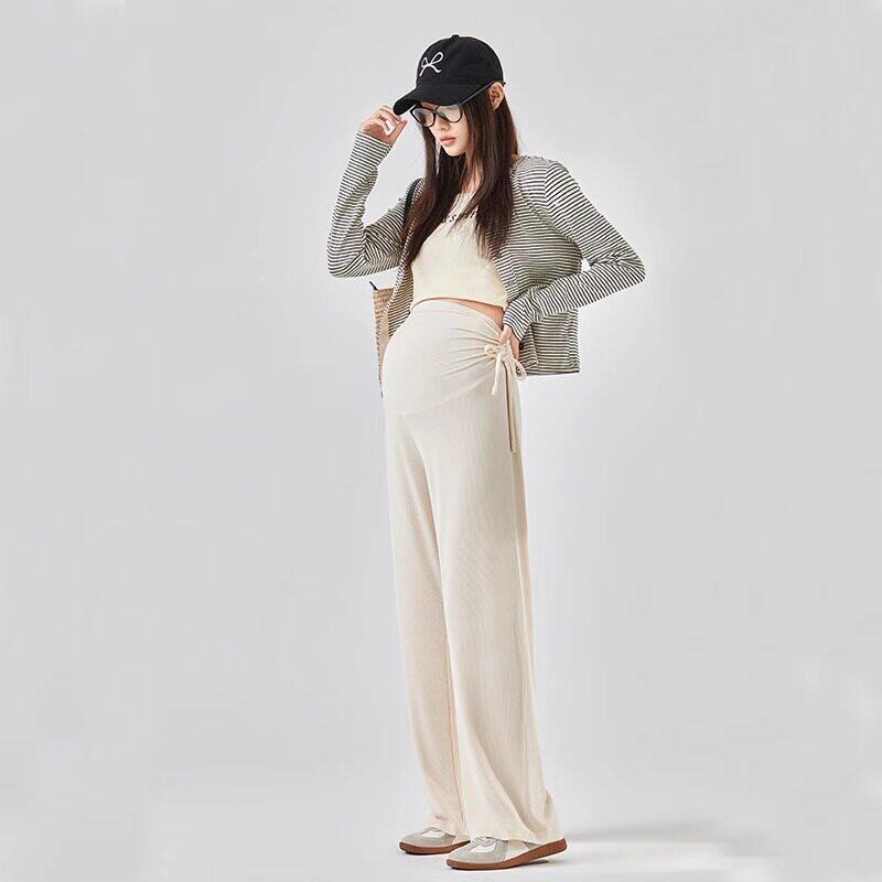 

Maternity Drawstring Straight Leg Pants for Petite Women - Summer Thin Style, No Belly Support, Wide Leg Design, Suitable for Outdoor Wear One Size (80-110 lbs)