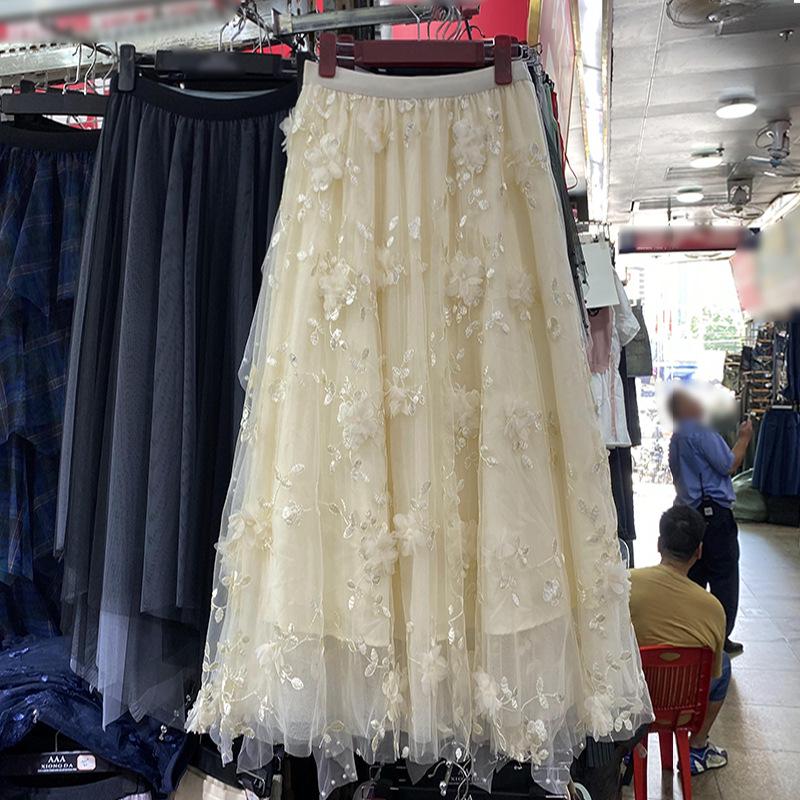 Women's High-End Pink 3D Embroidered Mesh Skirt - Summer High-Waist Slimming Midi Skirt