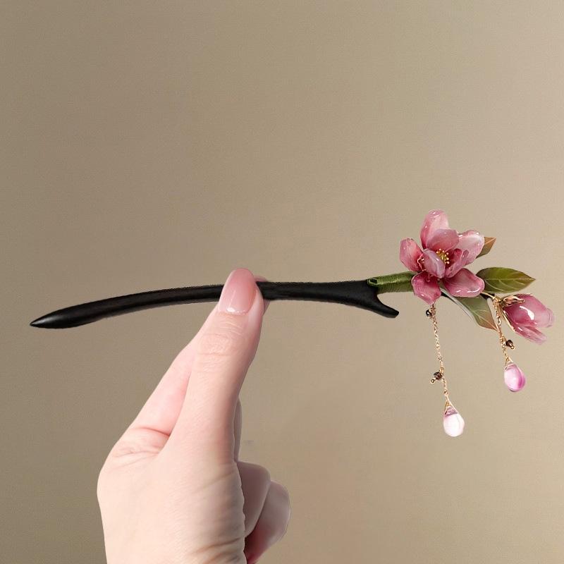 Floral Hair Stick Chinese Hairpin, Pink Flower Tassel Retro Traditional Hanfu Elegant Hair Accessory For Women Daily Party