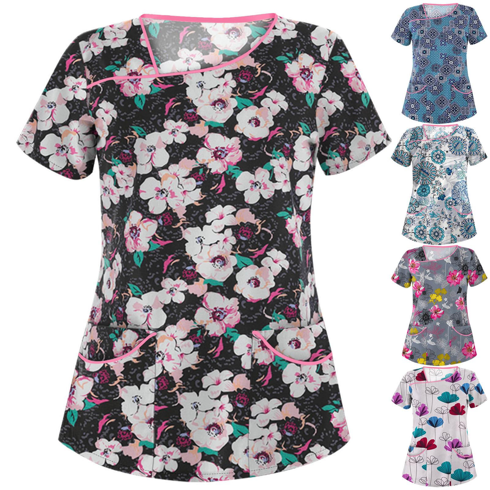 

Women Fashion Flower Print Short Sleeve Neck Tops Working Blouse Shirt