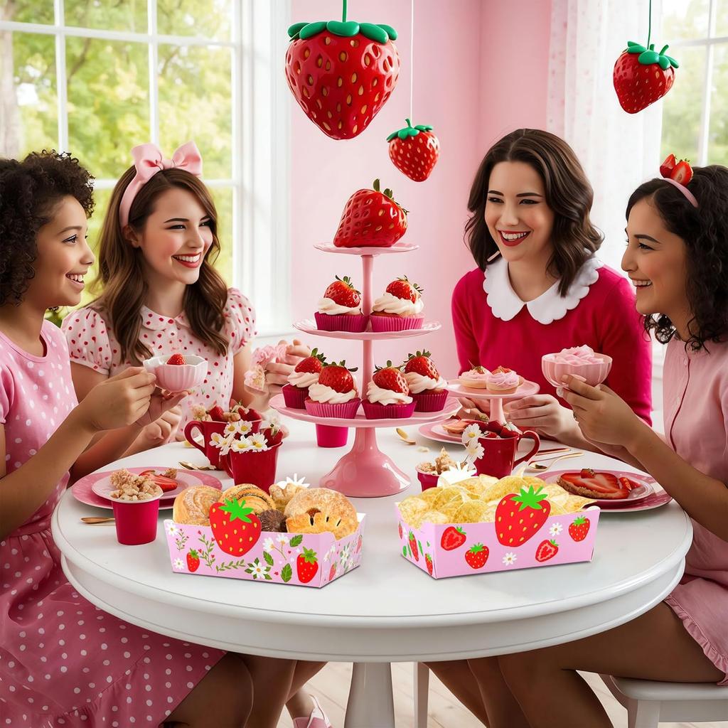 24Pcs Strawberry Paper Food Trays Cute Strawberry Snack Bowl Disposable Berry Dessert Boats for Strawberry Birthday Party Decoration Supplies