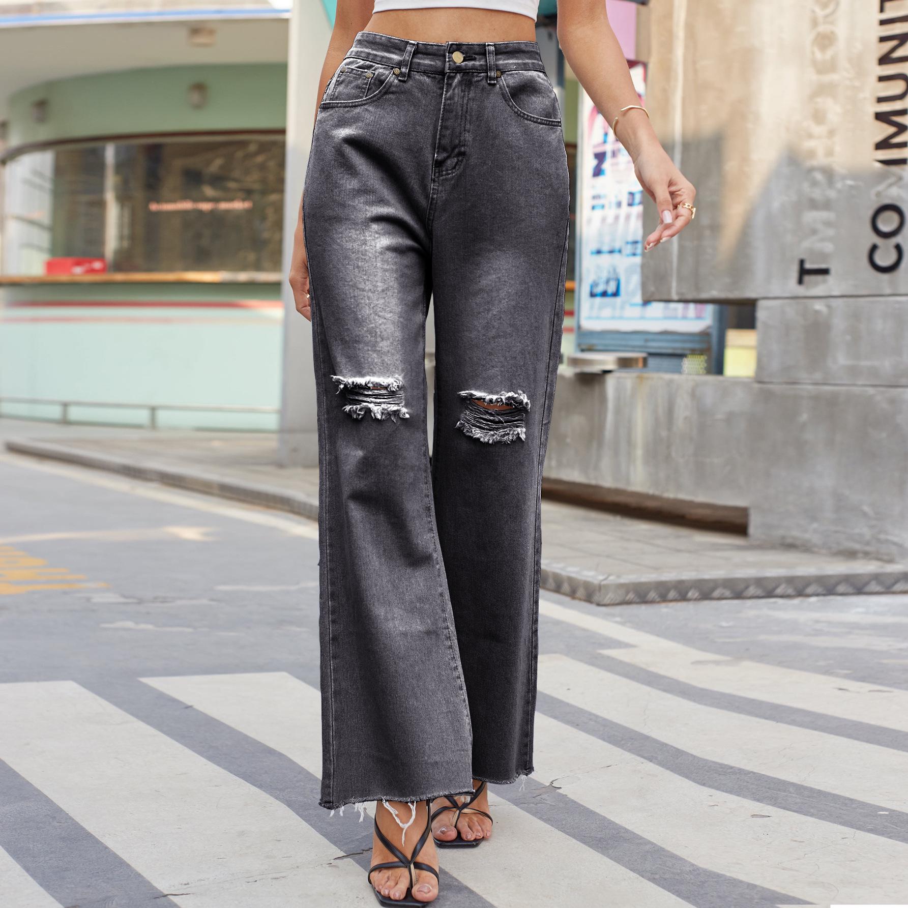 

Women s Wide-Leg Ripped Flared Jeans - New European and American Design Double Extra Large черный серый