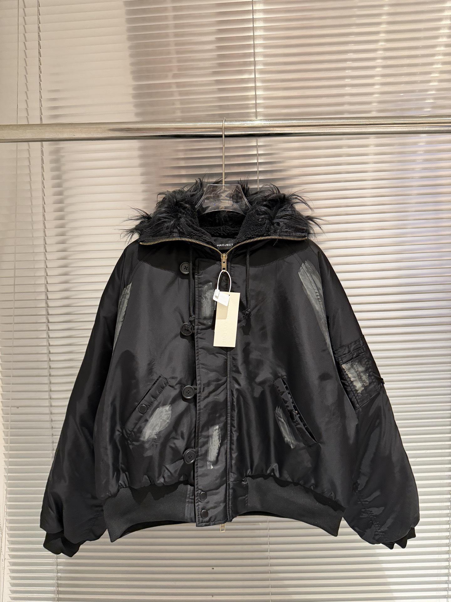 

2025 Winter G@RAILZ Unisex Distressed Fur Collar Cotton Bomber Jacket Medium