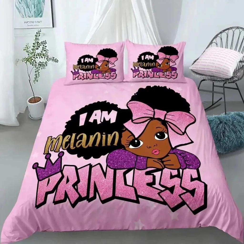 American Black Girl Duvet Cover Set,Black Girl Magic Bedding Set Full Size,Cute Little Afro Black Princess Comforter Cover Sets