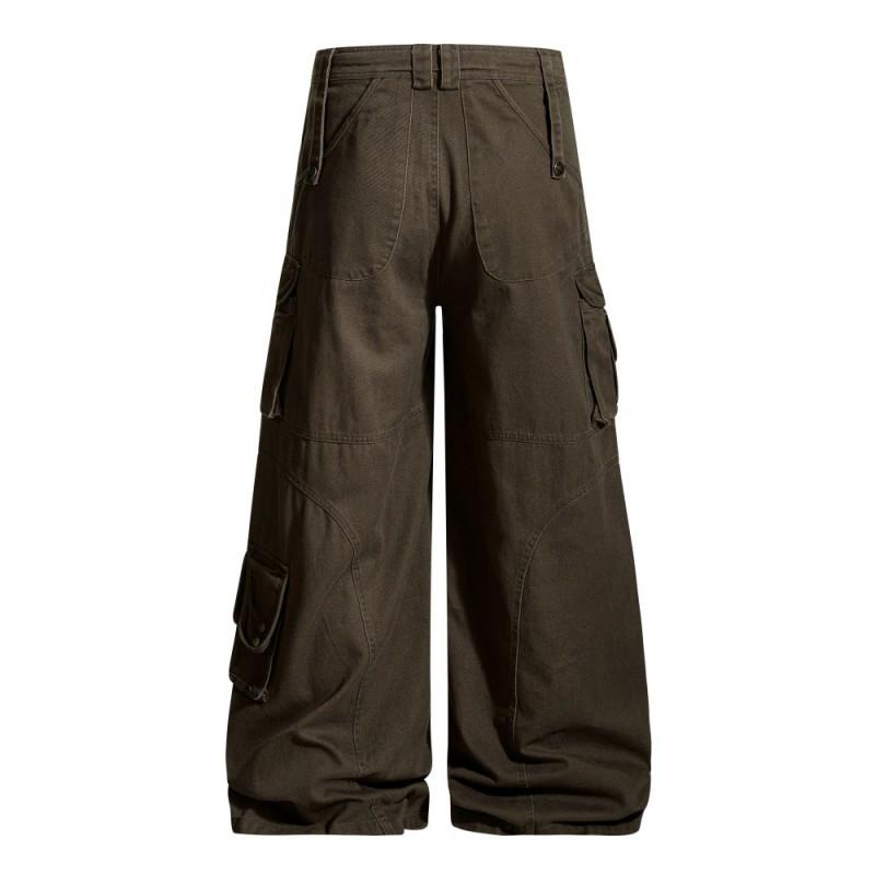 Mens Vibe High Street Cargo Pants Solid Color Loose Wide Leg Work Trousers With Multiple Pockets