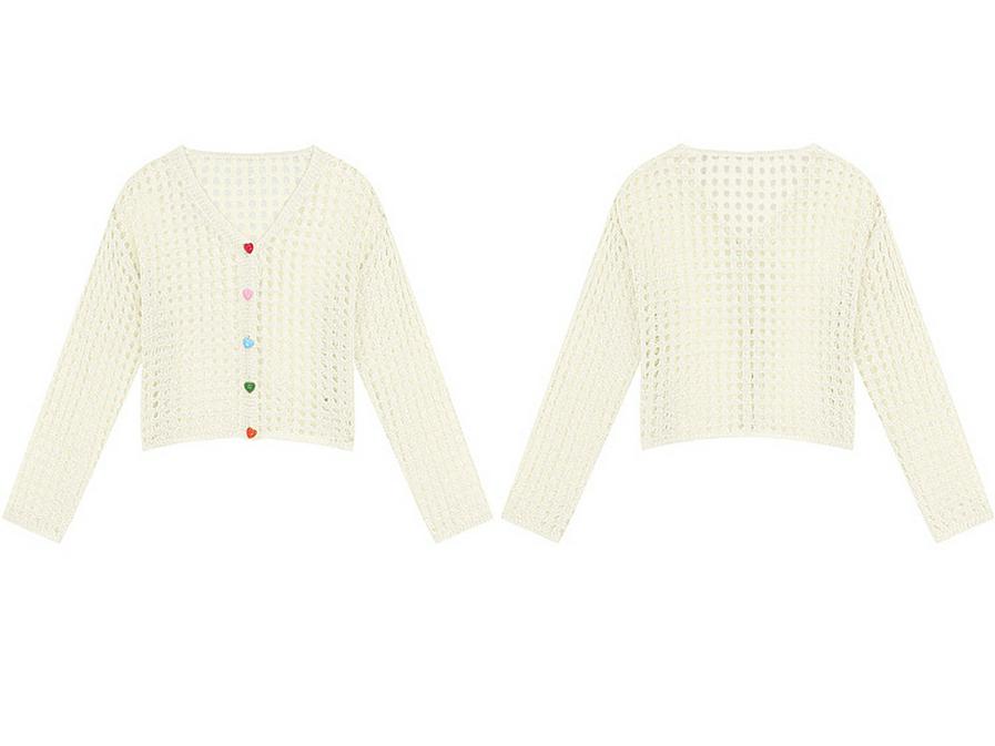 2025 Summer Korean V-Neck Hollow Loose Knit Cardigan for Women