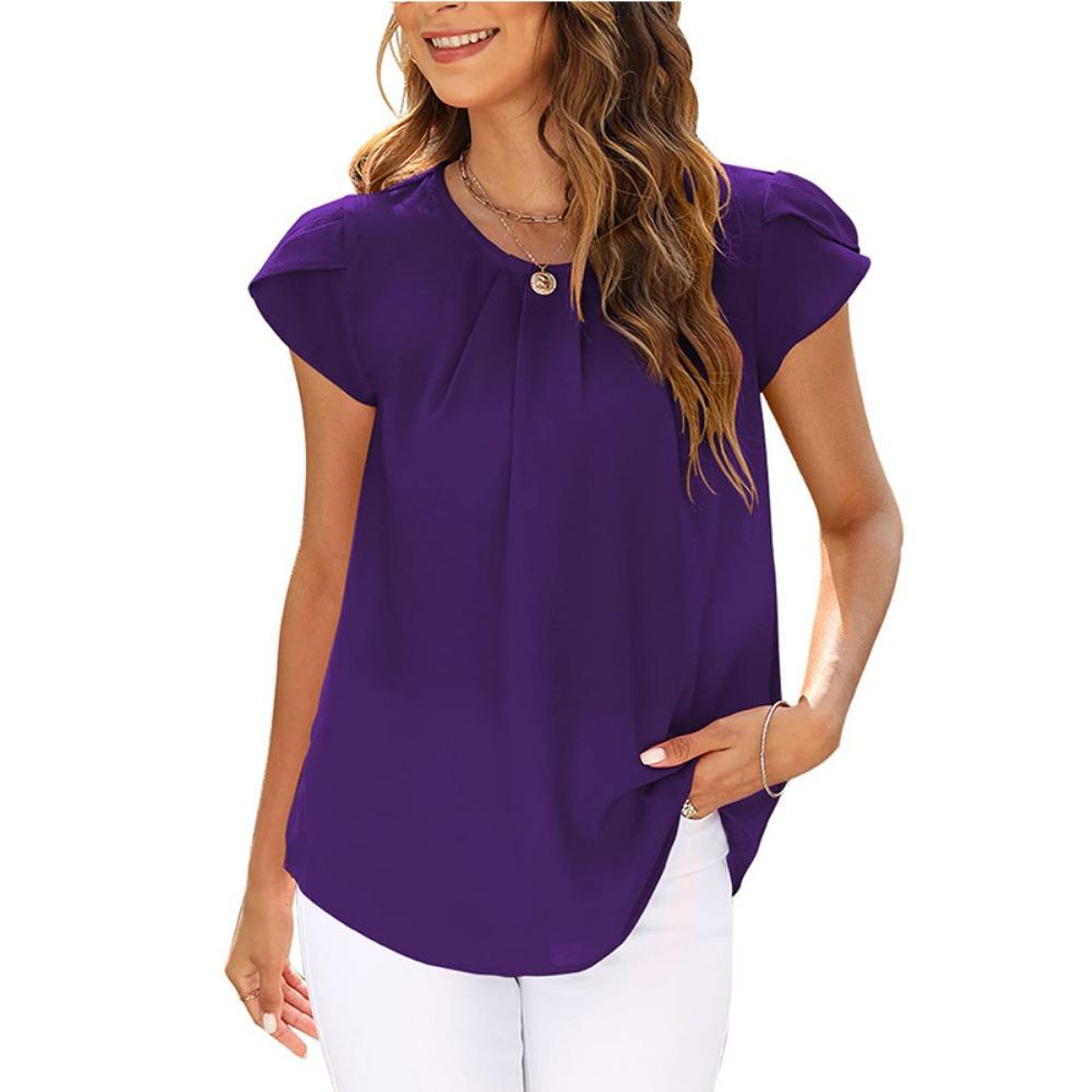 Women's Pleated Round Neck Petal Short Sleeve Loose Chiffon Top