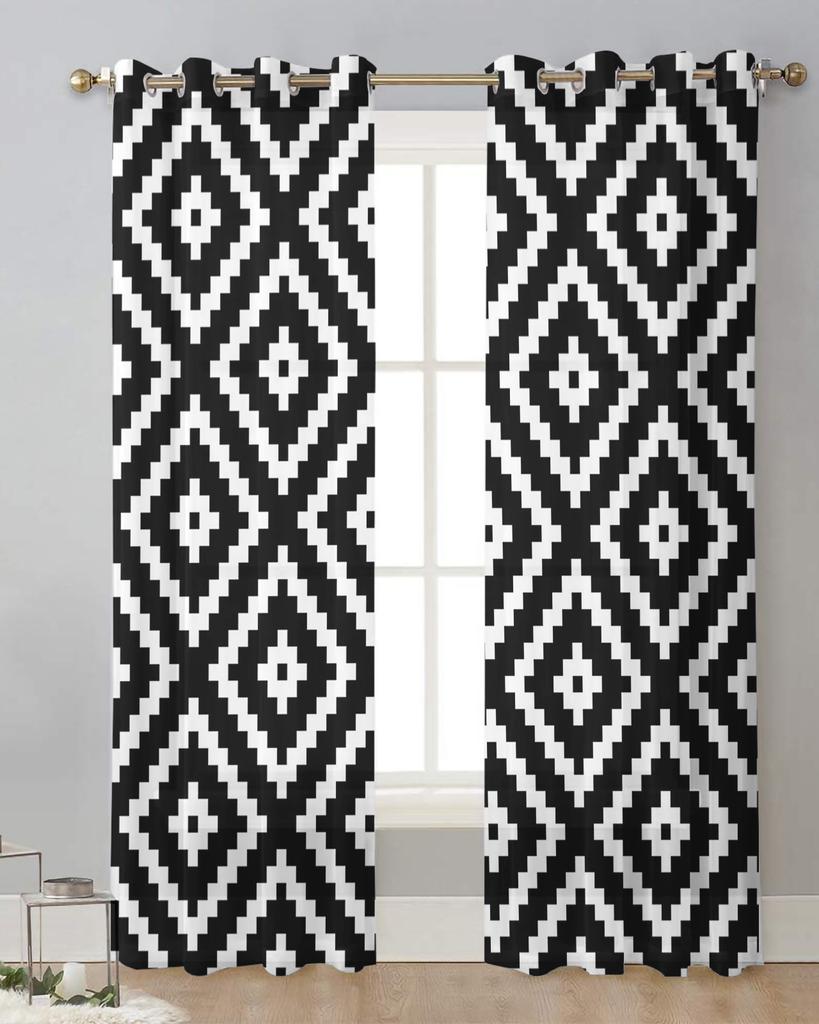 Geometrische Quadratische Textur Schwarz Weiß Transparente Vorhänge zur Wohnzimmerdekoration Fenstervorhänge Küche Tüll Voile Vorhänge