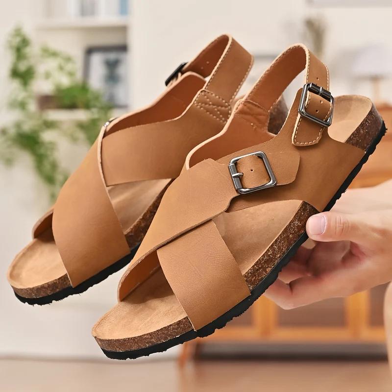 Mode Sommer Herren Neue handgenähte Rindsleder Atmungsaktive Sandalen Outdoor Herren Mattleder Offen Bequem Rutschfest Kork Strandschuhe
