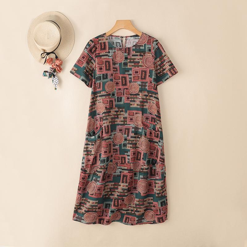 

ZANZEA Женское повседневное платье с этническим принтом, круглым вырезом, свободным кроем и коротким рукавом 5XL темно-зеленого