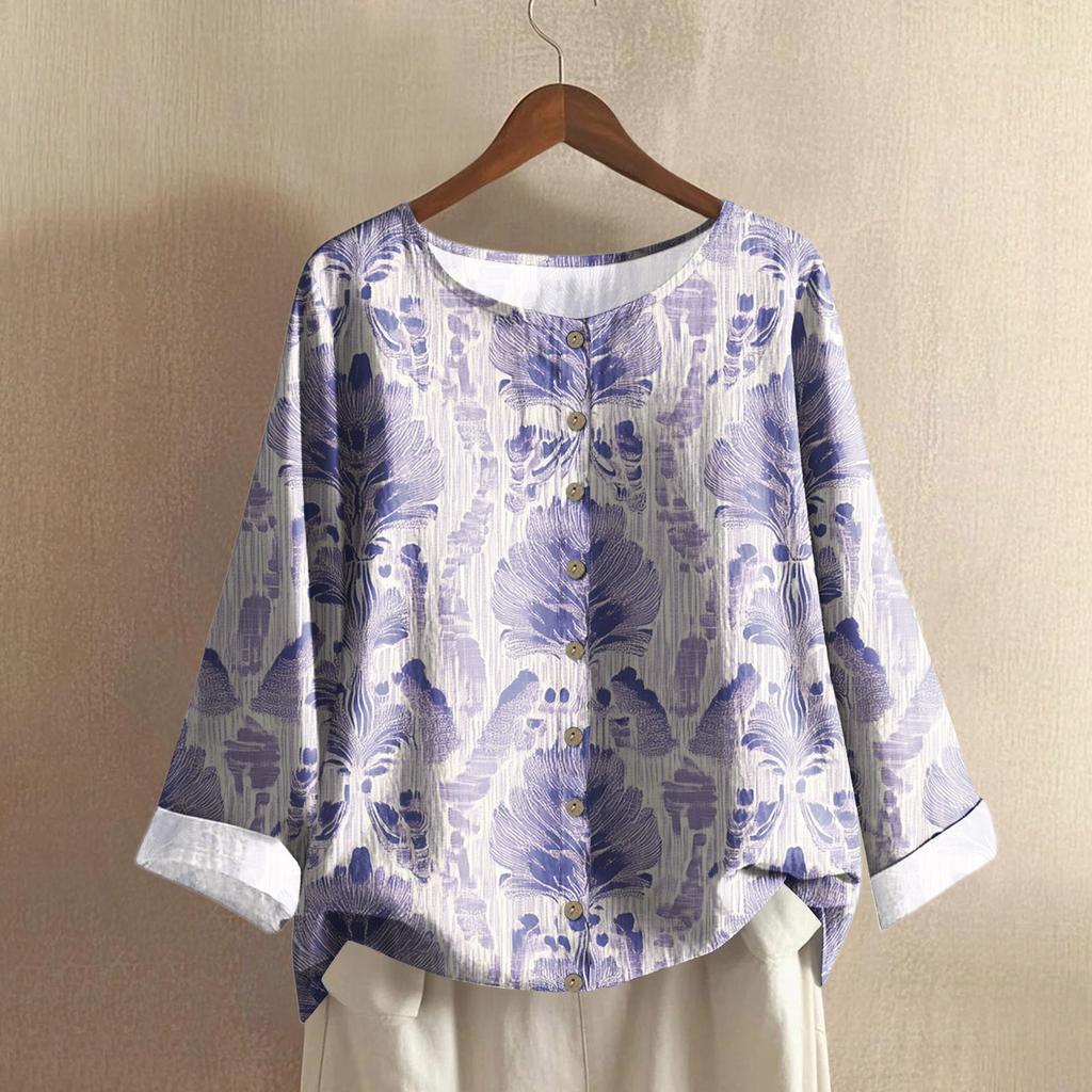 Women's Fashionable And Casual Shirt Long-sleeve Round Neck Print Cotton And Linen Blouse Top