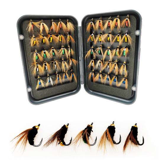 50Pcs/Box Fly Fishing Lure with Sharp Hook Realistic Bionic Floating Feather Fly Fishing Bait Freshwater Saltwater Bass Trout Fishing Accessories