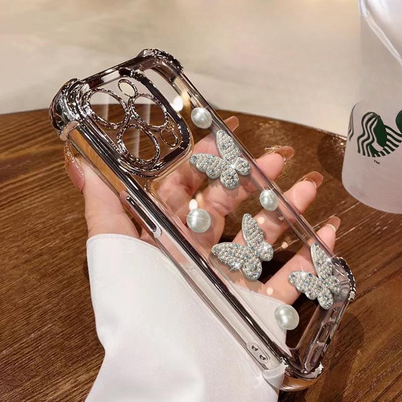 Bracciale di Perle a Farfalla Adatto per Custodia per Telefono Apple 16promax 15 Galvanizzato Anti-caduta 14 Sensazione di Alta Gamma 13 Glitter per Donne