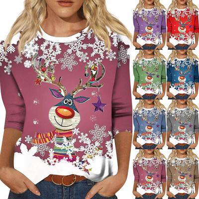 Women's Fashion Casual Round Neck 3/4 Sleeve Loose  Printed T-Shirt Ladies Top