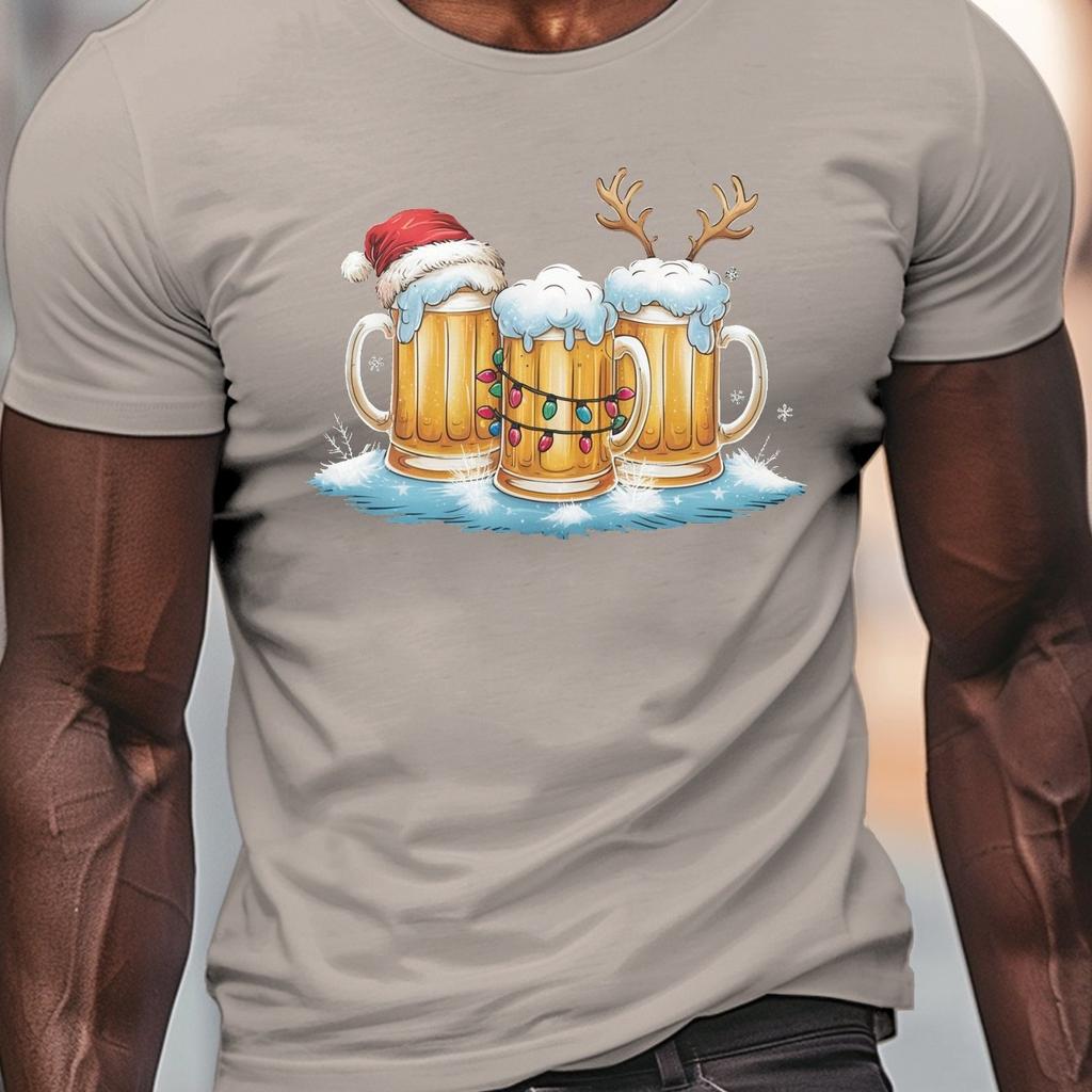 New Year Party Beer Print Mens TShirts Christmas Snowman Pattern Short Sleeve Tops Men Xmas Clothing Fashion Loose Tshirt