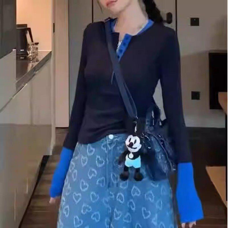 Women's Cotton Retro Colorblock Long Sleeve T-Shirt - 2025 Plus Size Slimming Inner Base Layer for Early Autumn