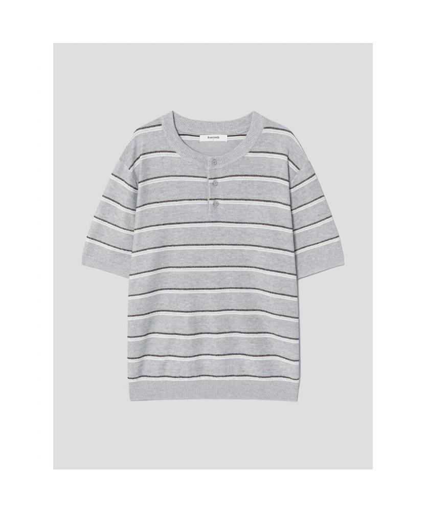 8seconds Striped Henley Neck Knit Pullover Gray