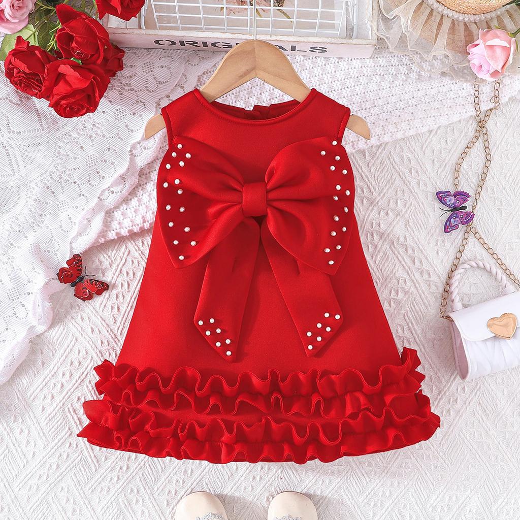 New Sweet Girl's Big Bow Beaded Cake Tank Dress
