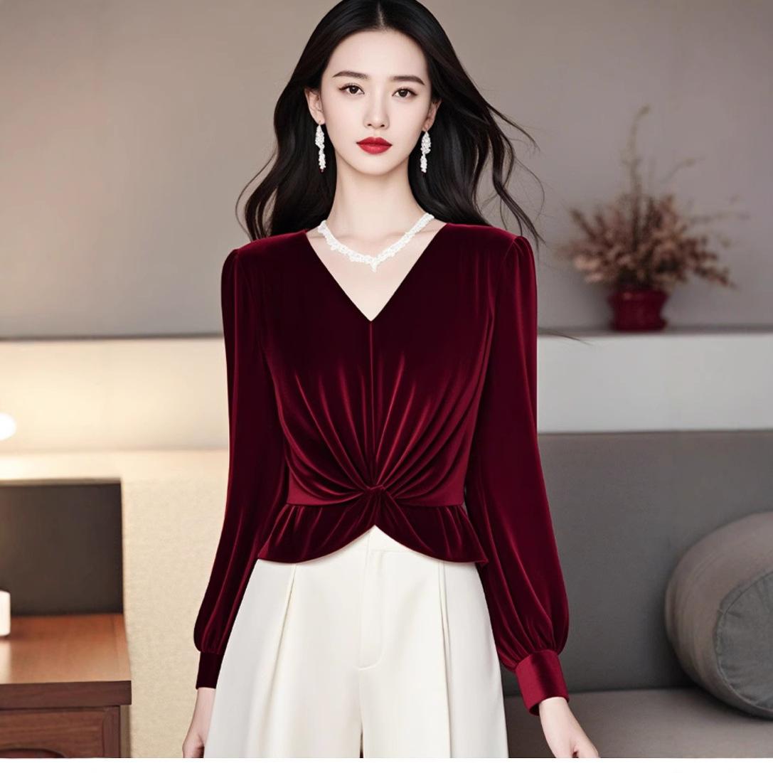 

Модна та унікальна сорочка, гарний топ, французька легка та зріла нішева легка розкішна сорочка на біс з червоного оксамиту, осінь 2XL