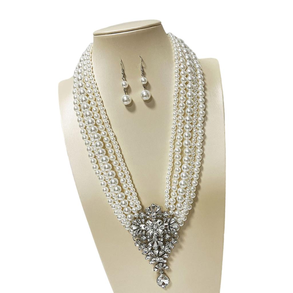 Sparkling Multi Layer Faux Pearls Necklace And Earrings Set With Crystal Accent For Evening Party Elegant Jewelry Gift
