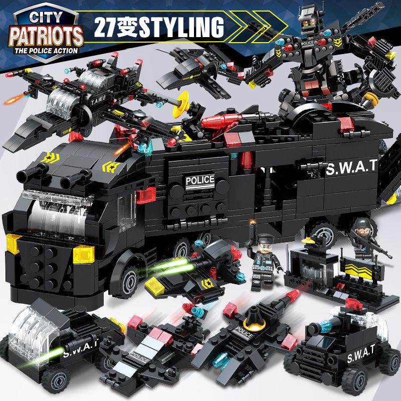 585pcs 8in1 SWAT Polizeistation Kommandowagen Modell Bausteine Stadt Hubschrauber Steine Set Lernspielzeug für Kinder