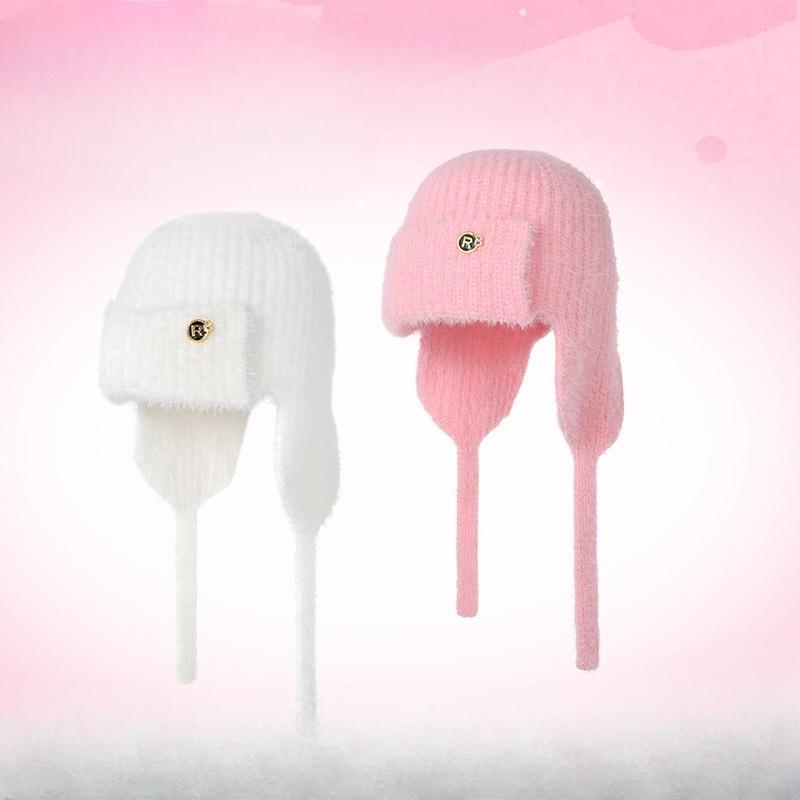 Women's Winter Autumn Faux Mink Fur Solid Color Ribbon Ear Flap Beanie Warm Knitted Lei Feng Hat Versatile for Students
